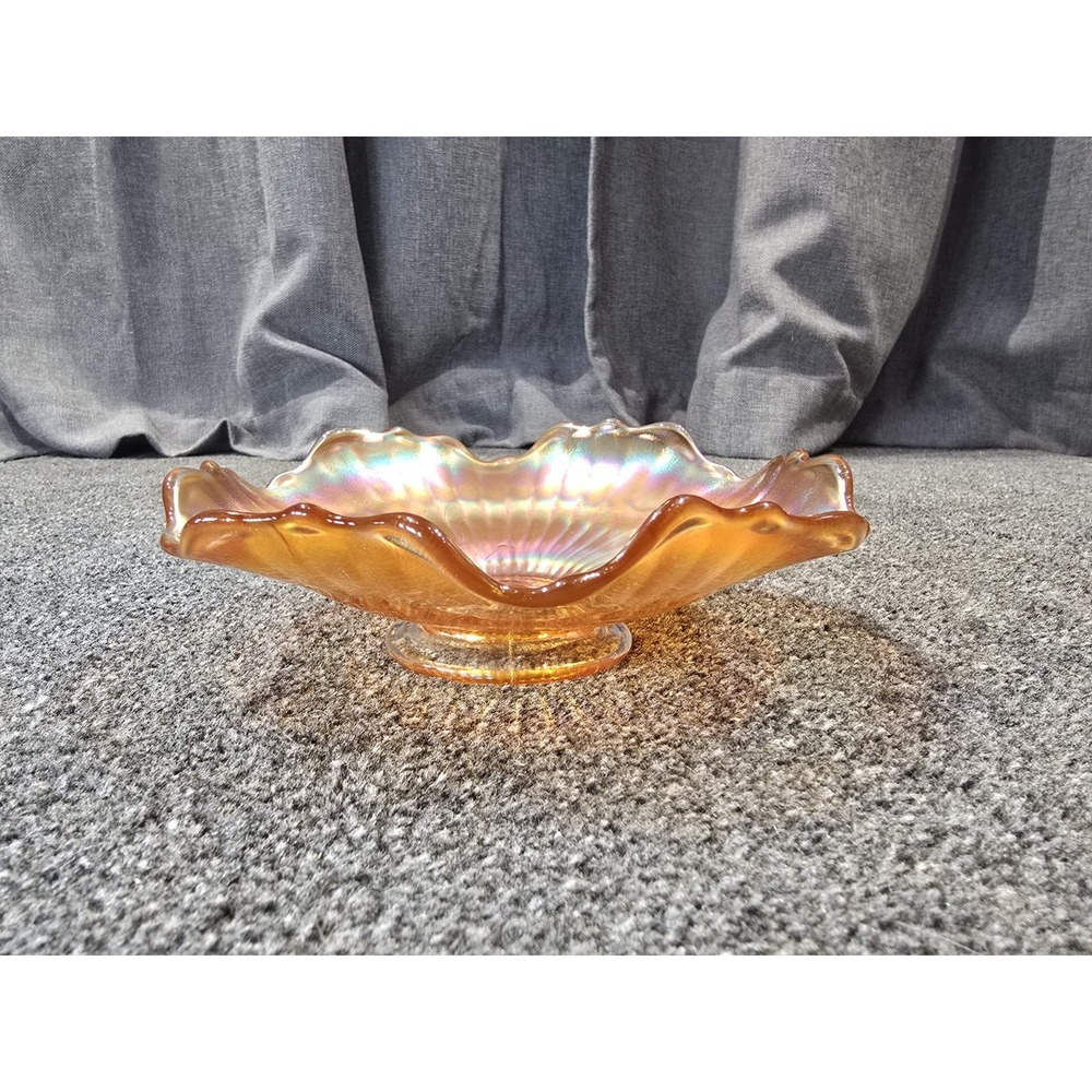 Vintage Carnival Glass Footed Compote Bowl Marigold Iridescent Scalloped